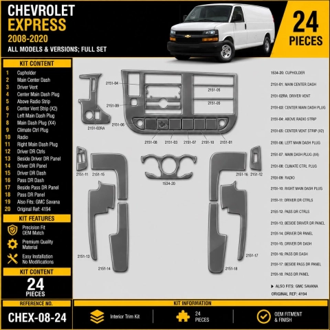 Chevrolet Express 2008-2020 kit décoration intérieure tableau de bord 24 pièces