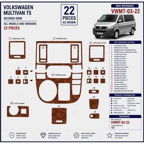 Volkswagen Multivan T5 2003-2009 kit décor tableau de bord 3D, 22 pièces 2