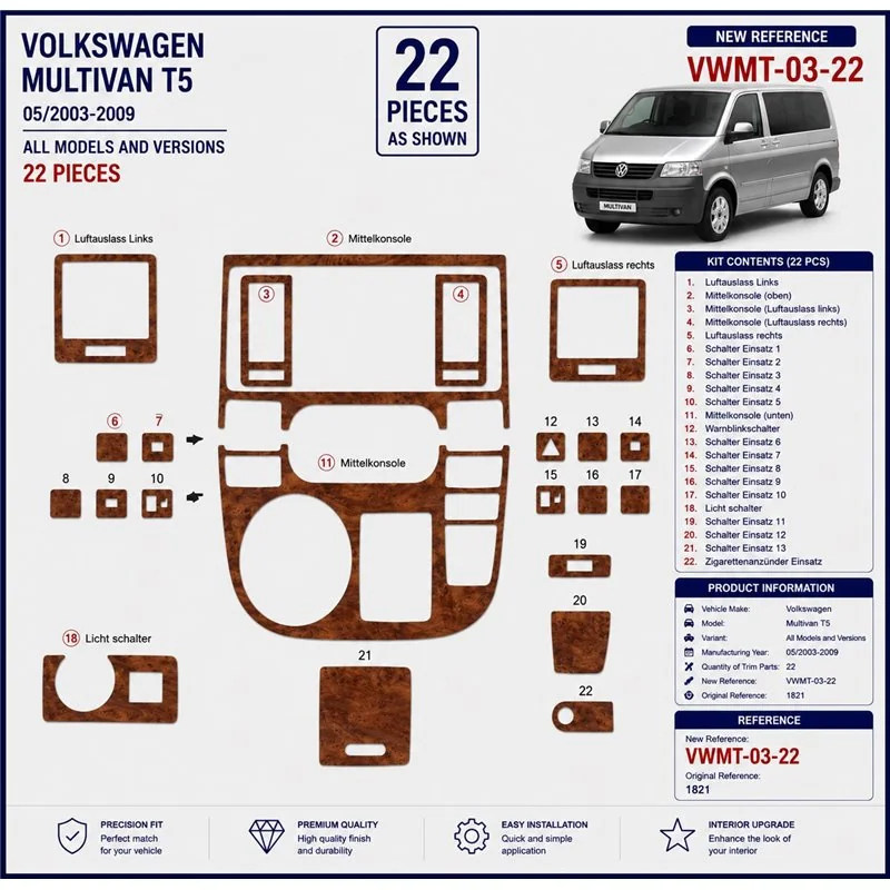Volkswagen Multivan T5 2003-2009 kit décor tableau de bord 3D, 22 pièces