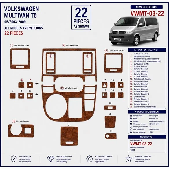 Volkswagen Multivan T5 2003-2009 kit décor tableau de bord 3D, 22 pièces