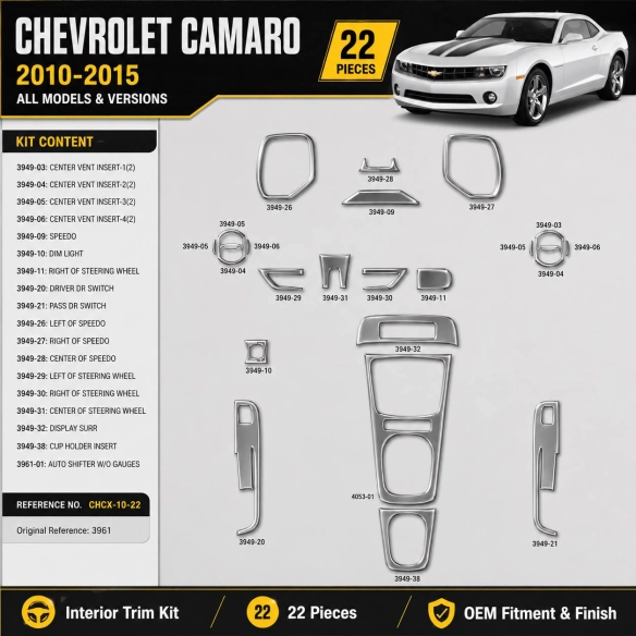 Chevrolet Camaro 2010-2015 kit décoration intérieure tableau de bord 22 pièces
