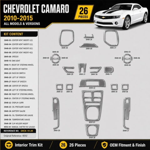 Chevrolet Camaro 2010-2015 kit décoration intérieure tableau de bord 26 pièces