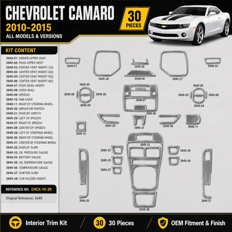 Chevrolet Camaro 2010-2015 kit décoration intérieure tableau de bord 30 pièces