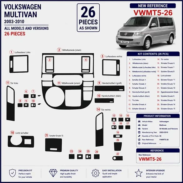 Volkswagen Multivan 2003-2010 kit décor tableau de bord 3D, 26 pièces