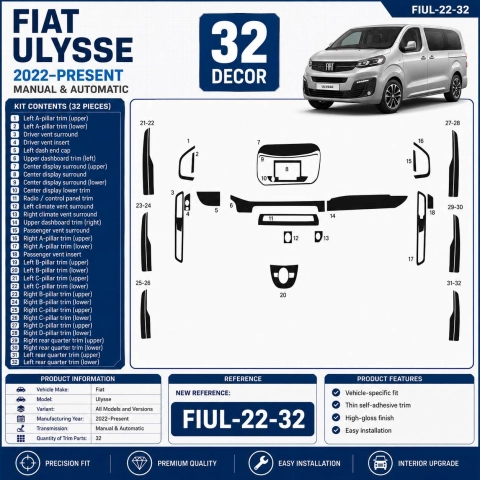 Fiat Ulysse 2022–Present Kit Décor Intérieur Tableau de Bord 3D 32 Pièces