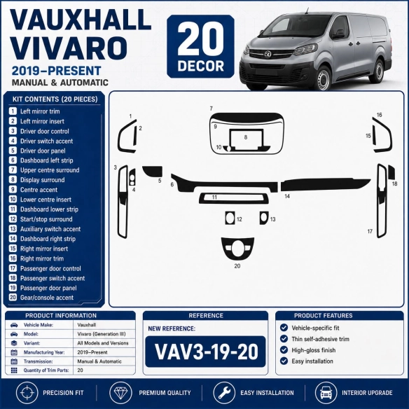 Vauxhall Vivaro (Generation III) 2019–Present Kit Décor Intérieur Tableau de Bord 3D 20 Pièces