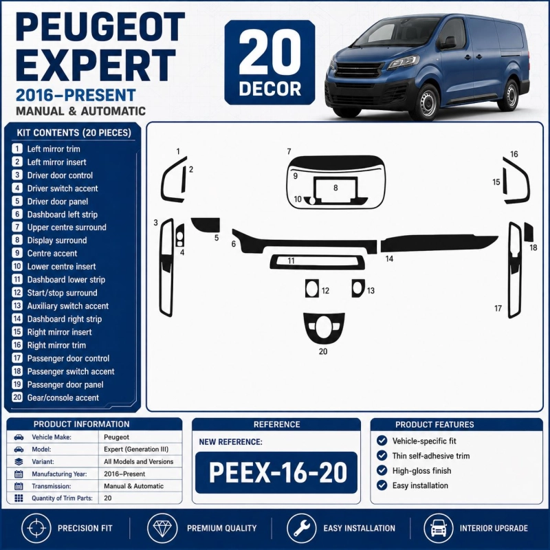 Peugeot Expert (Generation III) 2016–Present Kit Décor Intérieur Tableau de Bord 3D 20 Pièces