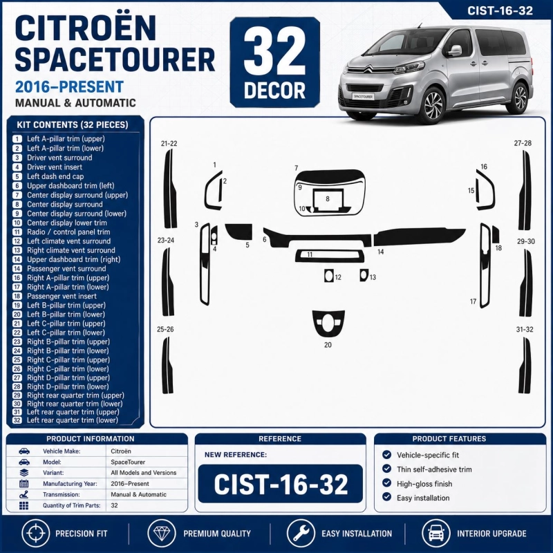 Citroën SpaceTourer 2016–Present Kit Décor Intérieur Tableau de Bord 3D 32 Pièces