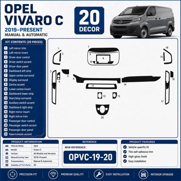 Opel Vivaro C 2019–Present Kit Décor Intérieur Tableau de Bord 3D 20 Pièces