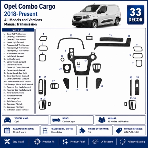 Opel Combo Cargo 2018-Present Kit Décor Tableau de Bord 3D 33 Pièces Boîte Manuelle