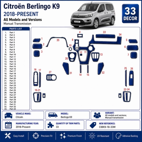 Citroën Berlingo K9 2018-Present Kit Décor Tableau de Bord 3D 33 Pièces Boîte Manuelle