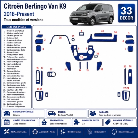 Citroën Berlingo Van K9 2018-Present Kit Décor Tableau de Bord 3D 33 Pièces Boîte Automatique
