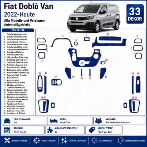 Fiat Doblò Van 2022-Present Kit Décor Tableau de Bord 3D 33 Pièces Boîte Automatique