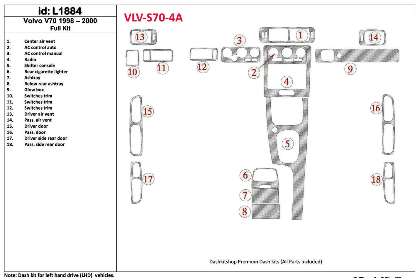 Volvo S70 1998-2000 Ensemble Complet, 18 Parts set BD Kit la décoration du tableau de bord - 1 - habillage decor de tableau de b