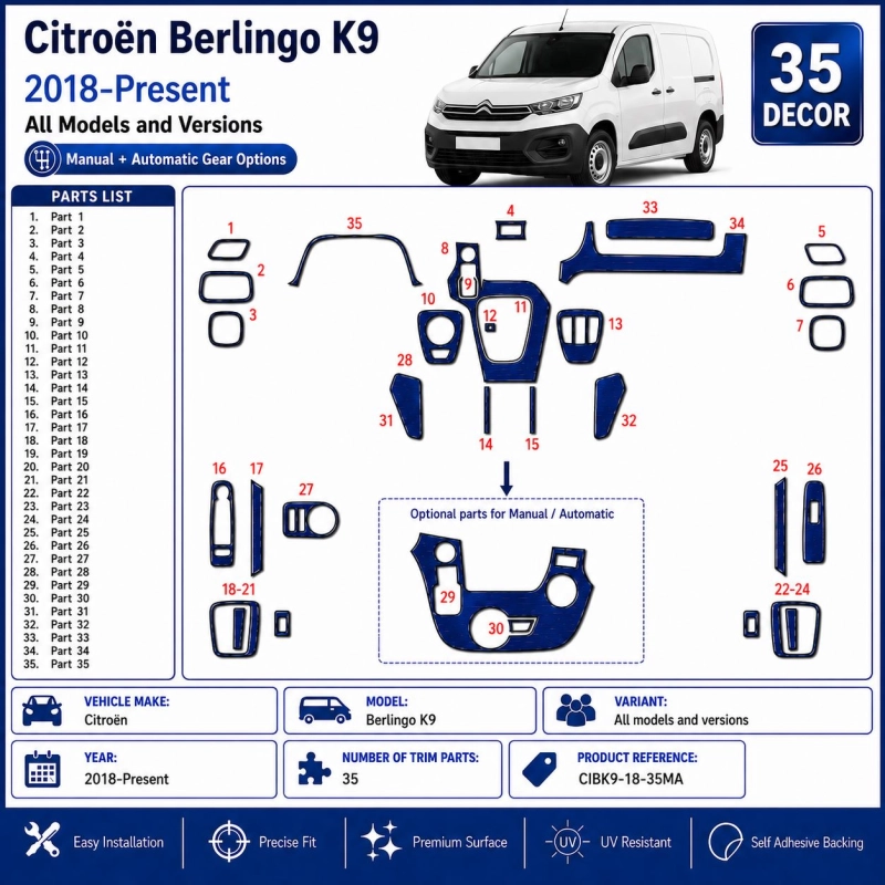 Citroën Berlingo K9 2018-Present Kit Décor Tableau de Bord 3D 35 Pièces Options Manuelle + Automatique