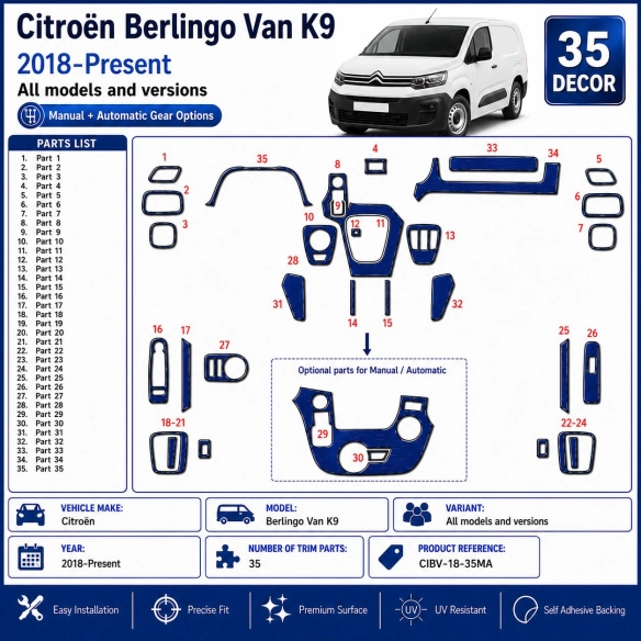 Citroën Berlingo Van K9 2018-Present Kit Décor Tableau de Bord 3D 35 Pièces Options Manuelle + Automatique