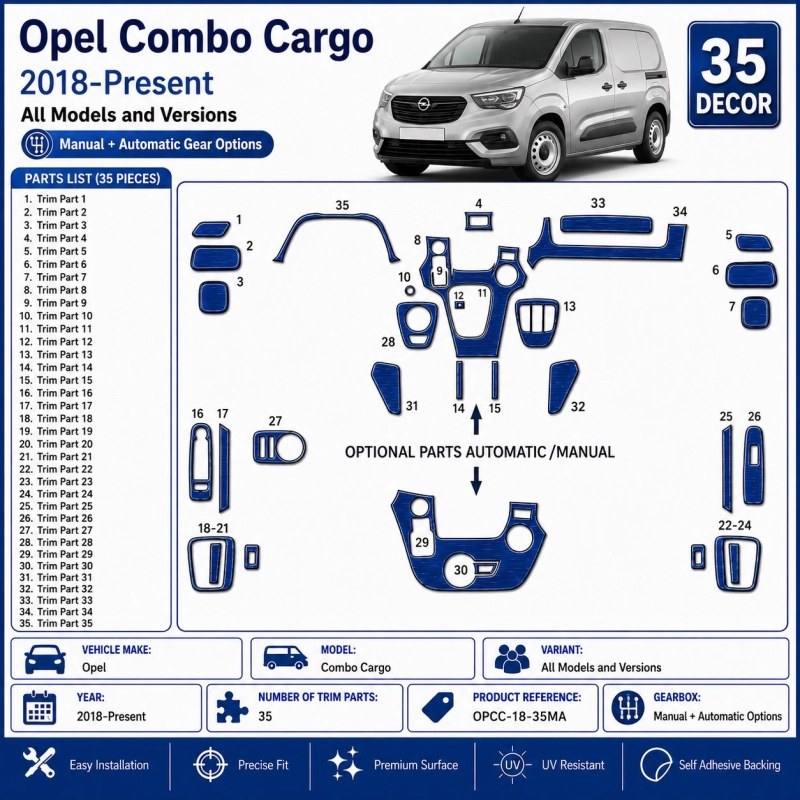 Opel Combo Cargo 2018-Present Kit Décor Tableau de Bord 3D 35 Pièces Options Manuelle + Automatique