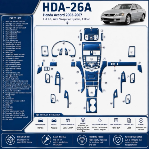 Honda Accord 2003-2007 kit complet, avec navigation system, 4 portes kit décoration intérieure tableau de bord