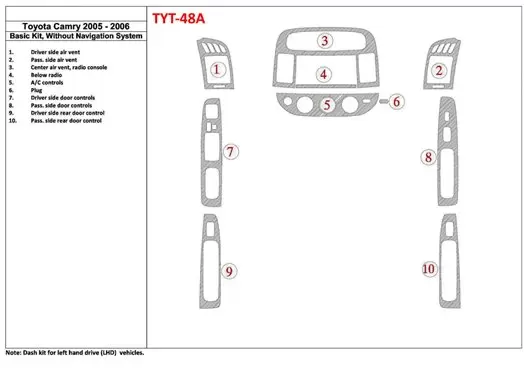 Toyota Camry 2005-2006 Paquet de base, Sans NAVI system, Sans OEM BD Kit la décoration du tableau de bord - 1 - habillage decor 