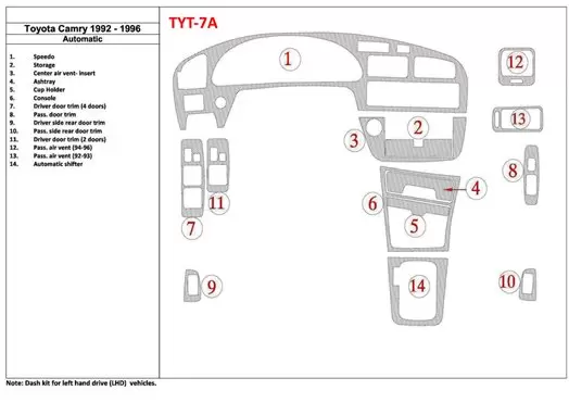 Toyota Camry 1992-1996 Boîte automatique, 14 Parts set BD Kit la décoration du tableau de bord - 1 - habillage decor de tableau 