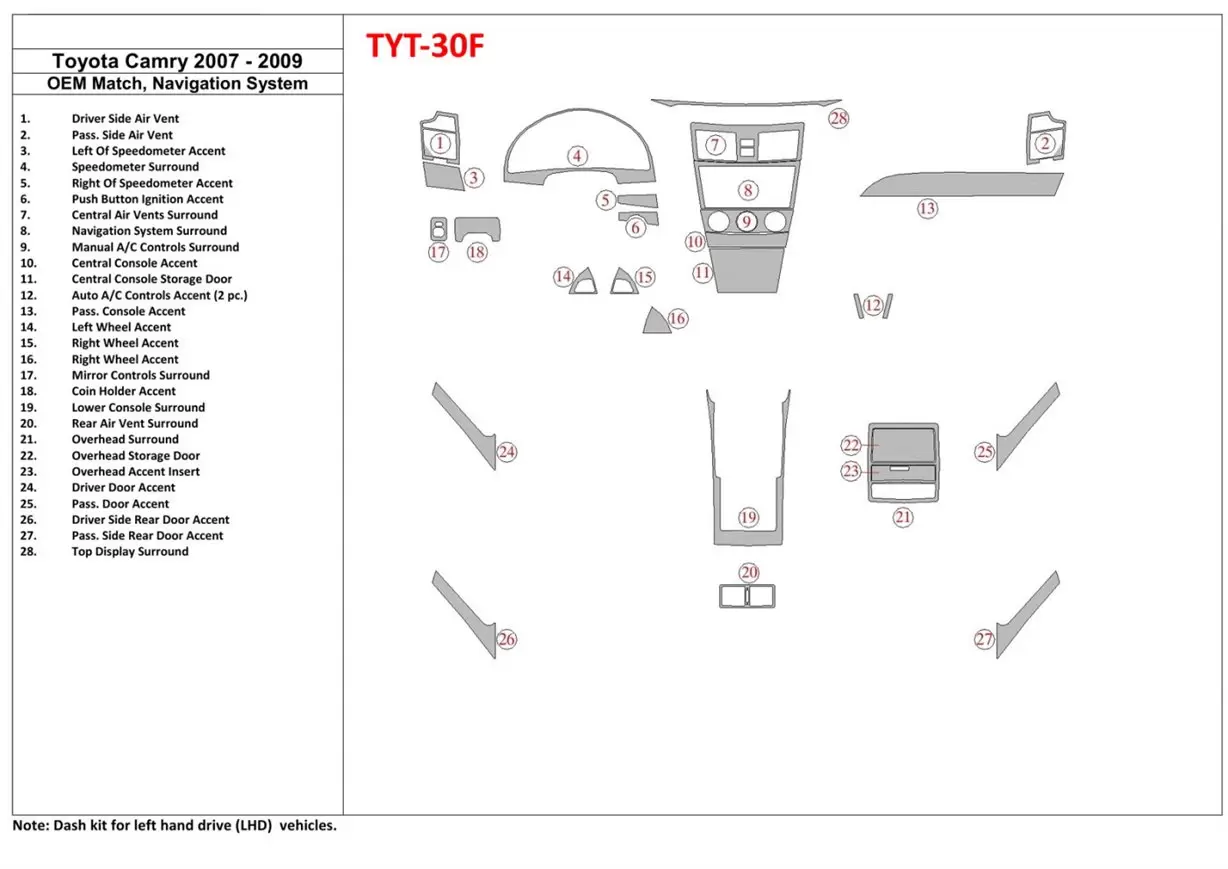 Toyota Camry 2007-2010 Ensemble Complet, Avec OEM Wood Kit, Avec NAVI BD Kit la décoration du tableau de bord - 1 - habillage de