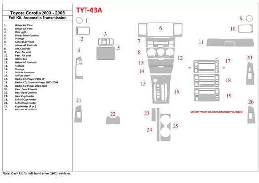 Toyota Corolla 2003-2008 Ensemble Complet BD Kit la décoration du tableau de bord - 1 - habillage decor de tableau de bord