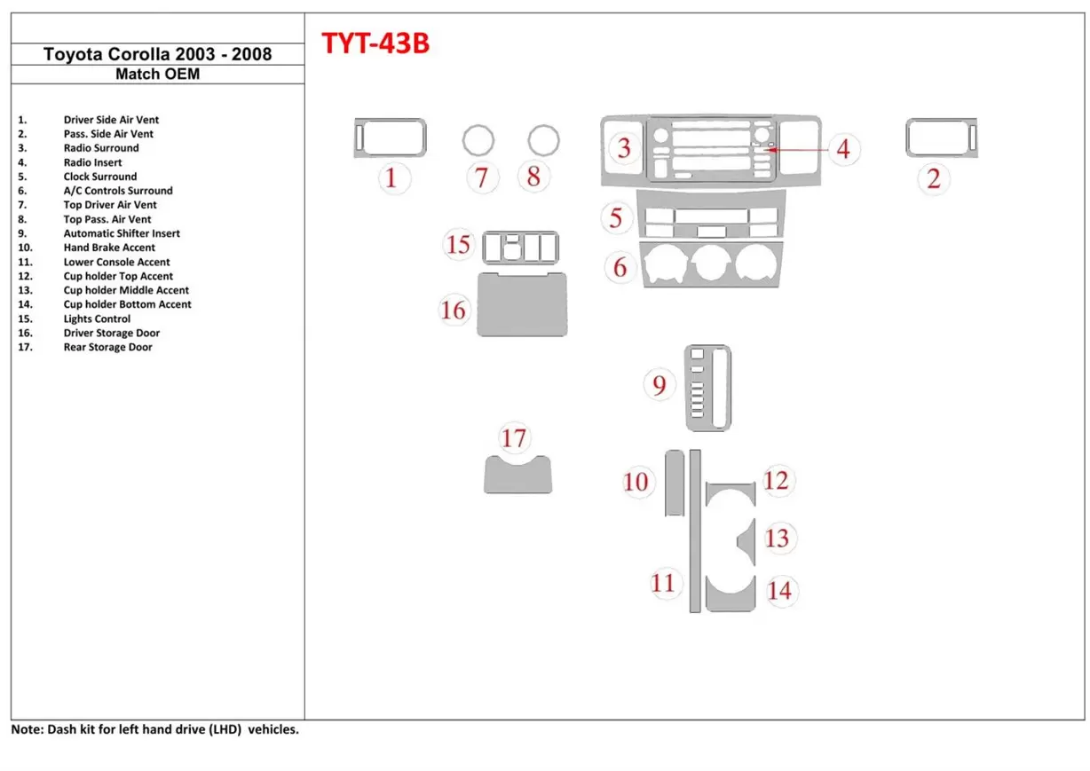 Toyota Corolla 2003-2008 OEM Compliance BD Kit la décoration du tableau de bord - 1 - habillage decor de tableau de bord
