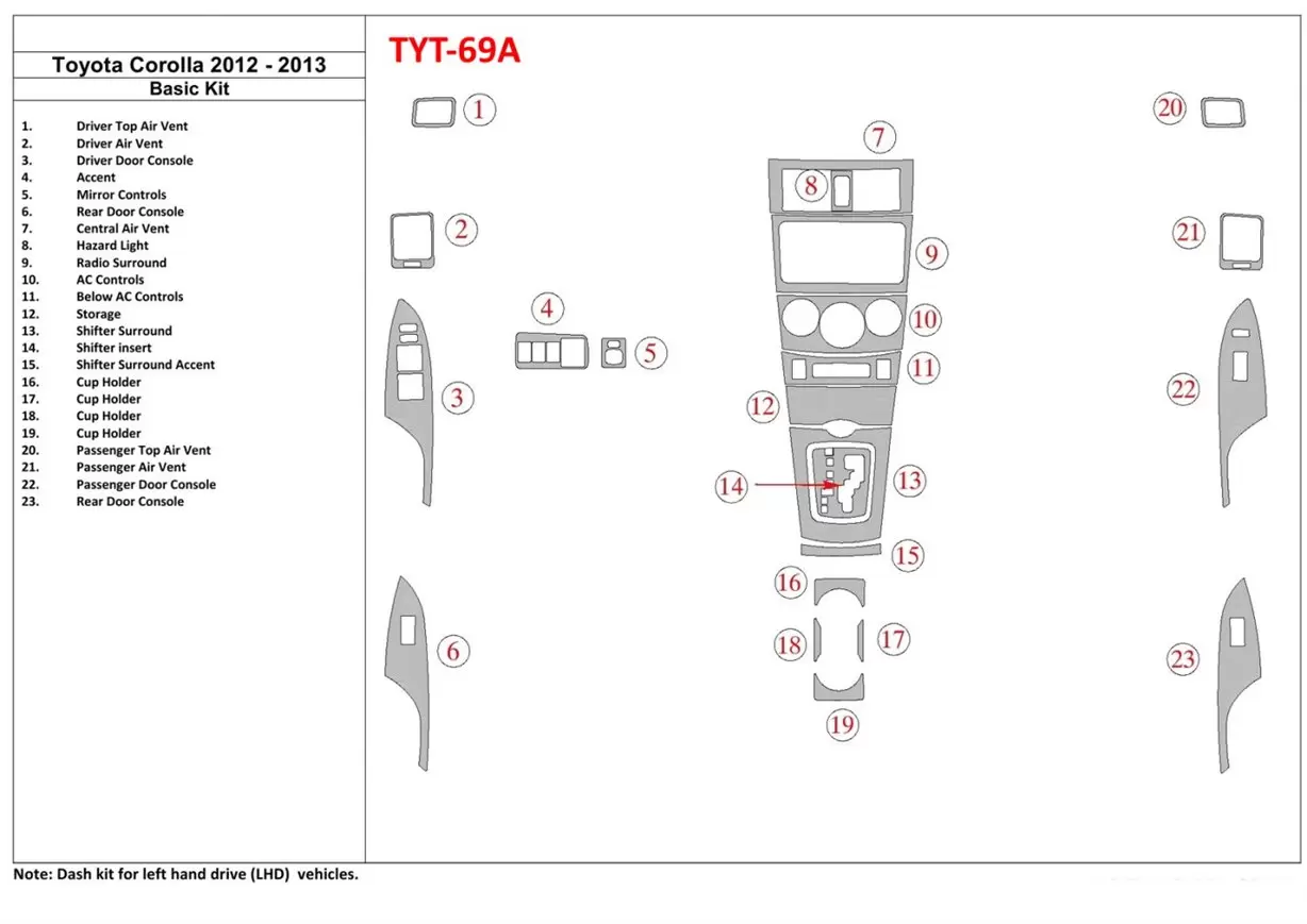 Toyota Corolla 2012-2013 Paquet de base BD Kit la décoration du tableau de bord - 1 - habillage decor de tableau de bord