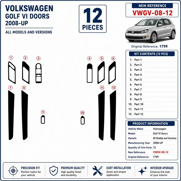 Volkswagen Golf VI Doors 2008+ kit décor tableau de bord 3D, 12 pièces