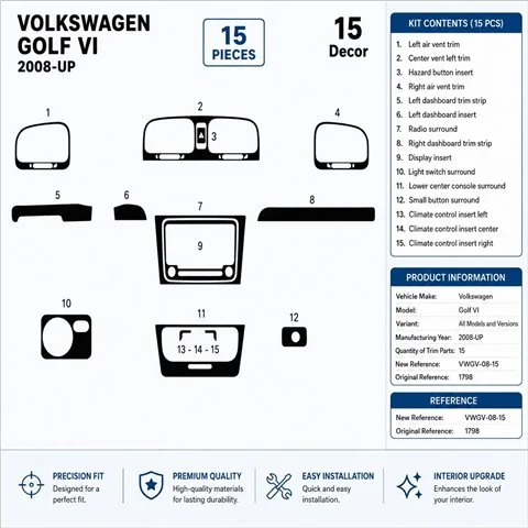 Volkswagen Golf VI 2008+ kit décor tableau de bord 3D, 15 pièces 2