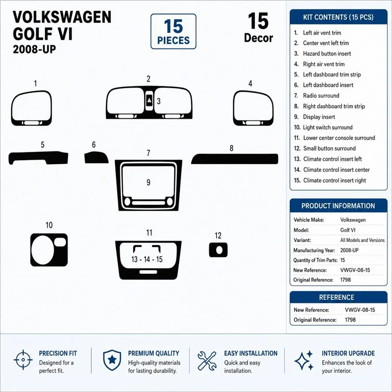 Volkswagen Golf VI 2008+ kit décor tableau de bord 3D, 15 pièces