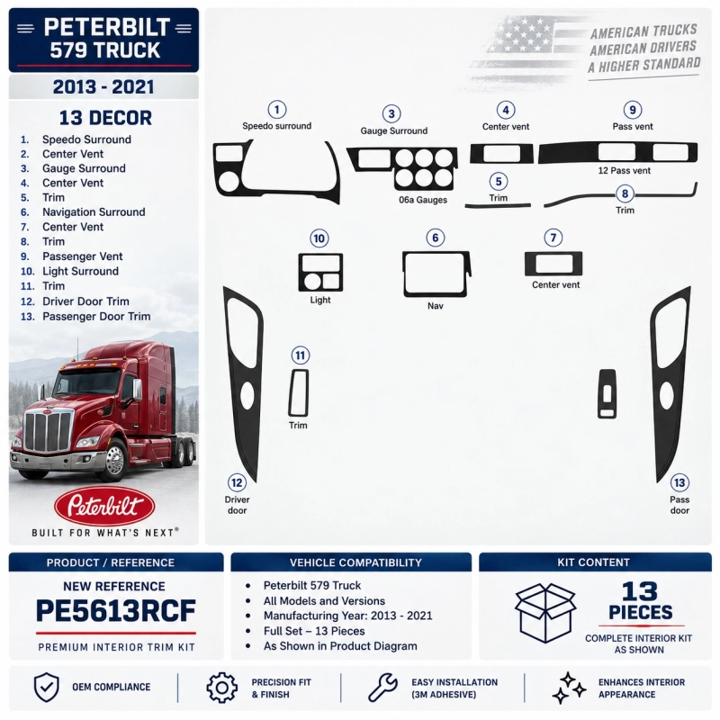Peterbilt 579 camion - année 2013-2021 style cabine intérieure complet kit décoration intérieure tableau de bord