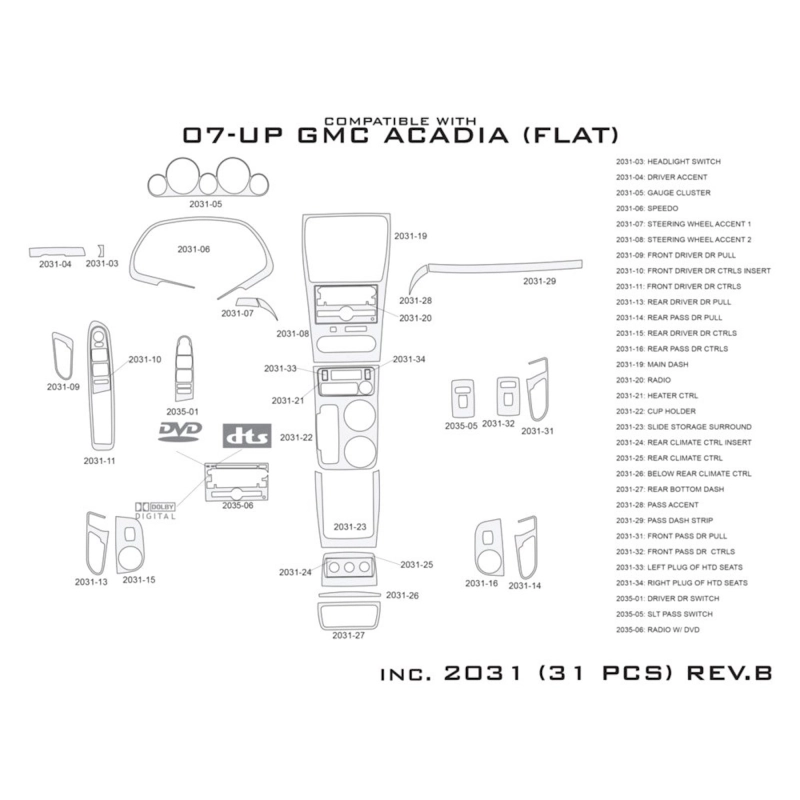 GMC Acadia 2007-2016 kit décoration intérieure tableau de bord 31 pièces
