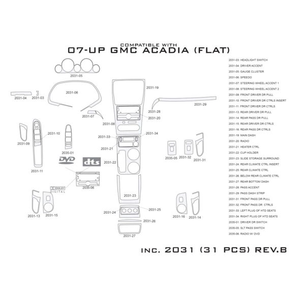 GMC Acadia 2007-2016 kit décoration intérieure tableau de bord 31 pièces