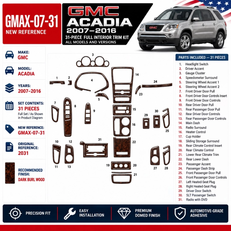 GMC Acadia 2007-2016 kit décoration intérieure tableau de bord 31 pièces