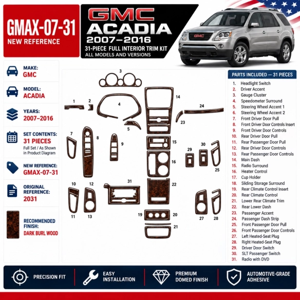 GMC Acadia 2007-2016 kit décoration intérieure tableau de bord 31 pièces