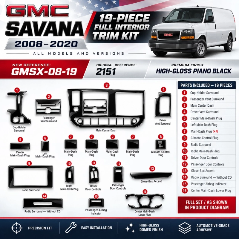 GMC Savana 2008-2020 kit décoration intérieure tableau de bord 19 pièces