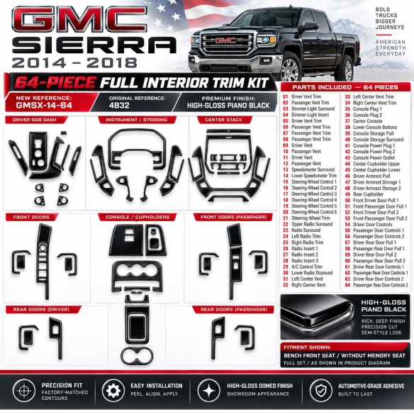 GMC Sierra 2014-2018 kit décoration intérieure tableau de bord 64 pièces