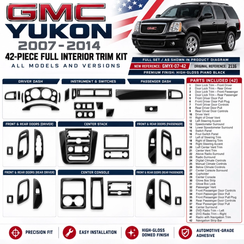 GMC Yukon 2007-2014 kit décoration intérieure tableau de bord 42 pièces