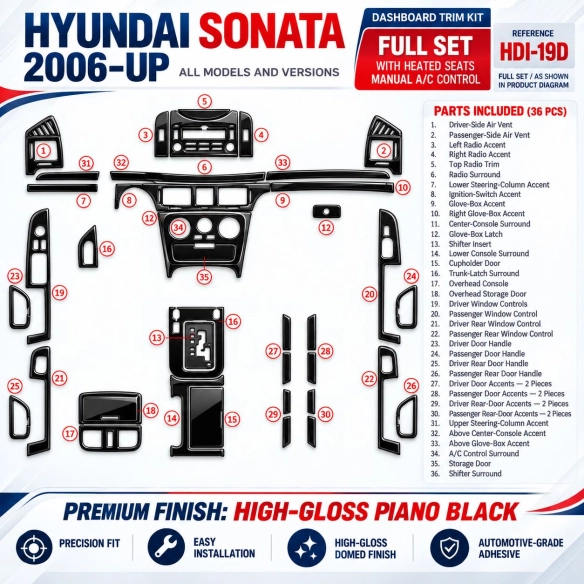 Hyundai Sonata 2006 - à aujourd’hui kit complet,avec Heated Seats, boîte manuelle AC Control kit décoration intérieure tableau d
