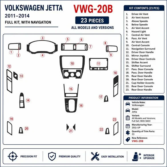 Volkswagen Jetta 2011+ set complet, avec navigation kit décor tableau de bord 3D