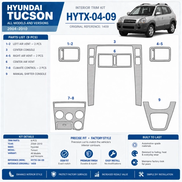 Hyundai Tucson 2004-2010 3D kit décoration intérieure tableau de bord 9 pièces
