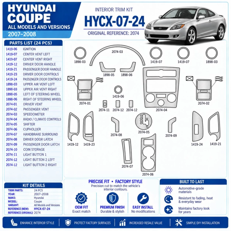 Hyunda Coupe 2007-2008 kit décoration intérieure tableau de bord 24 pièces