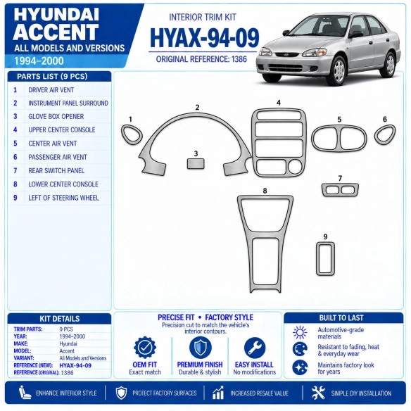 Hyundai Accent 1994-2000 3D kit décoration intérieure tableau de bord 9 pièces