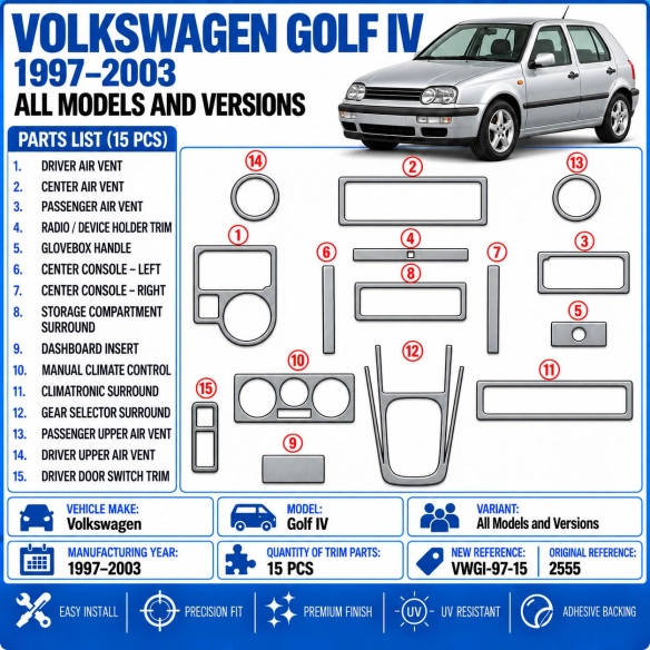 Volkswagen Golf IV 1997-2003 3D kit décoration intérieure tableau de bord 15 pièces