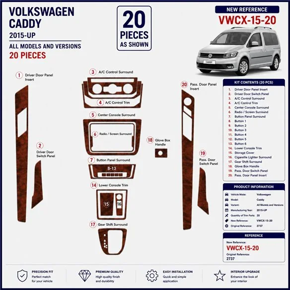 Volkswagen Caddy 2015+ kit décor tableau de bord 3D, 20 pièces
