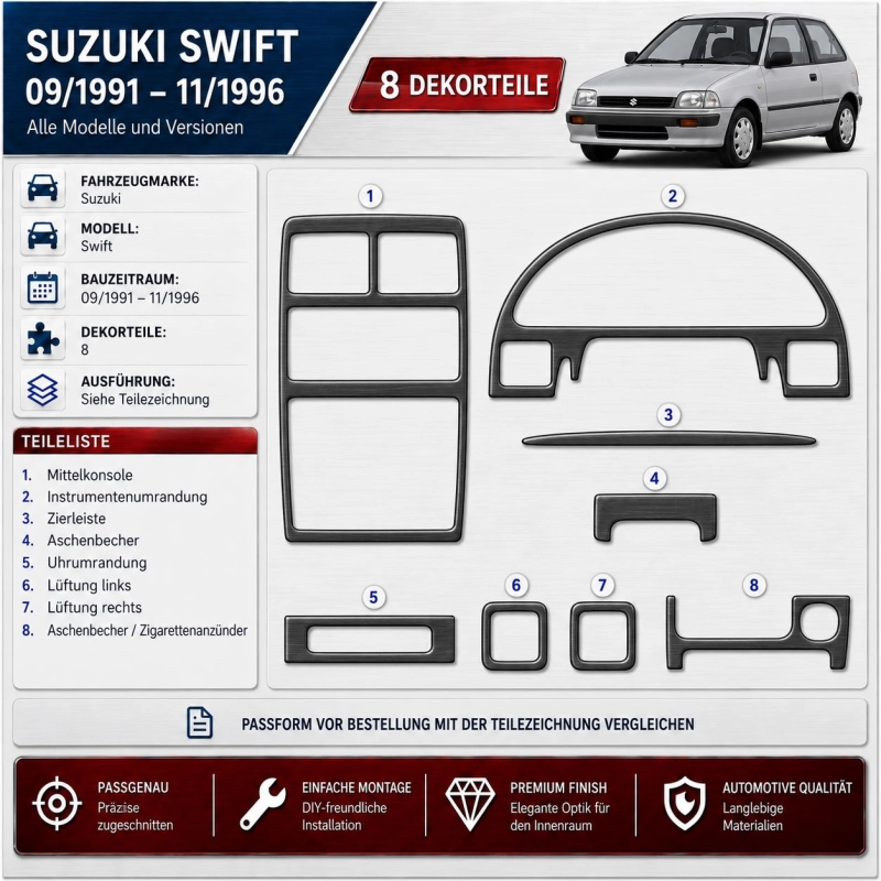 Suzuki Swift 1991-1996 3D kit décoration intérieure tableau de bord 8 pièces