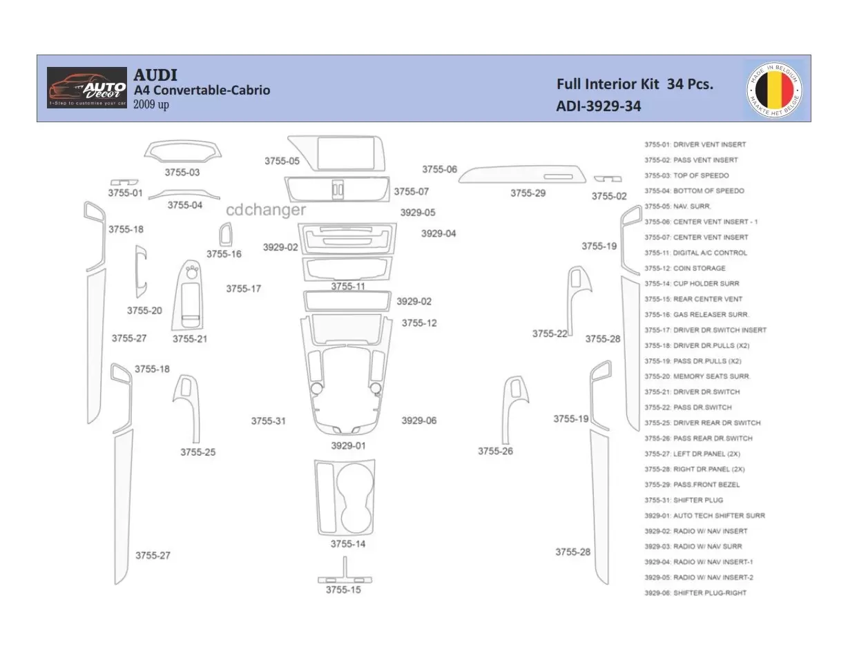 Audi A4 B8 2008–2016 Kit la décoration du tableau de bord 34 Pièce - 1 - habillage decor de tableau de bord