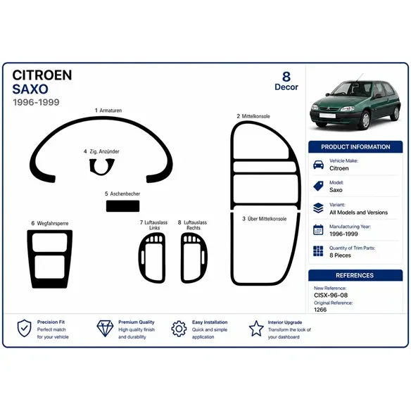 Citroen Saxo 1996-1999 kit décor tableau de bord 3D, 8 pièces