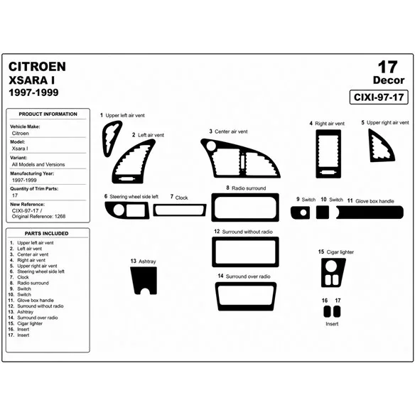 Citroen Xsara I 1997-1999 kit décor tableau de bord 3D, 17 pièces
